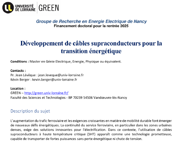 Offre de Thèse : Développement de câbles supraconducteurs pour la transition énergétique